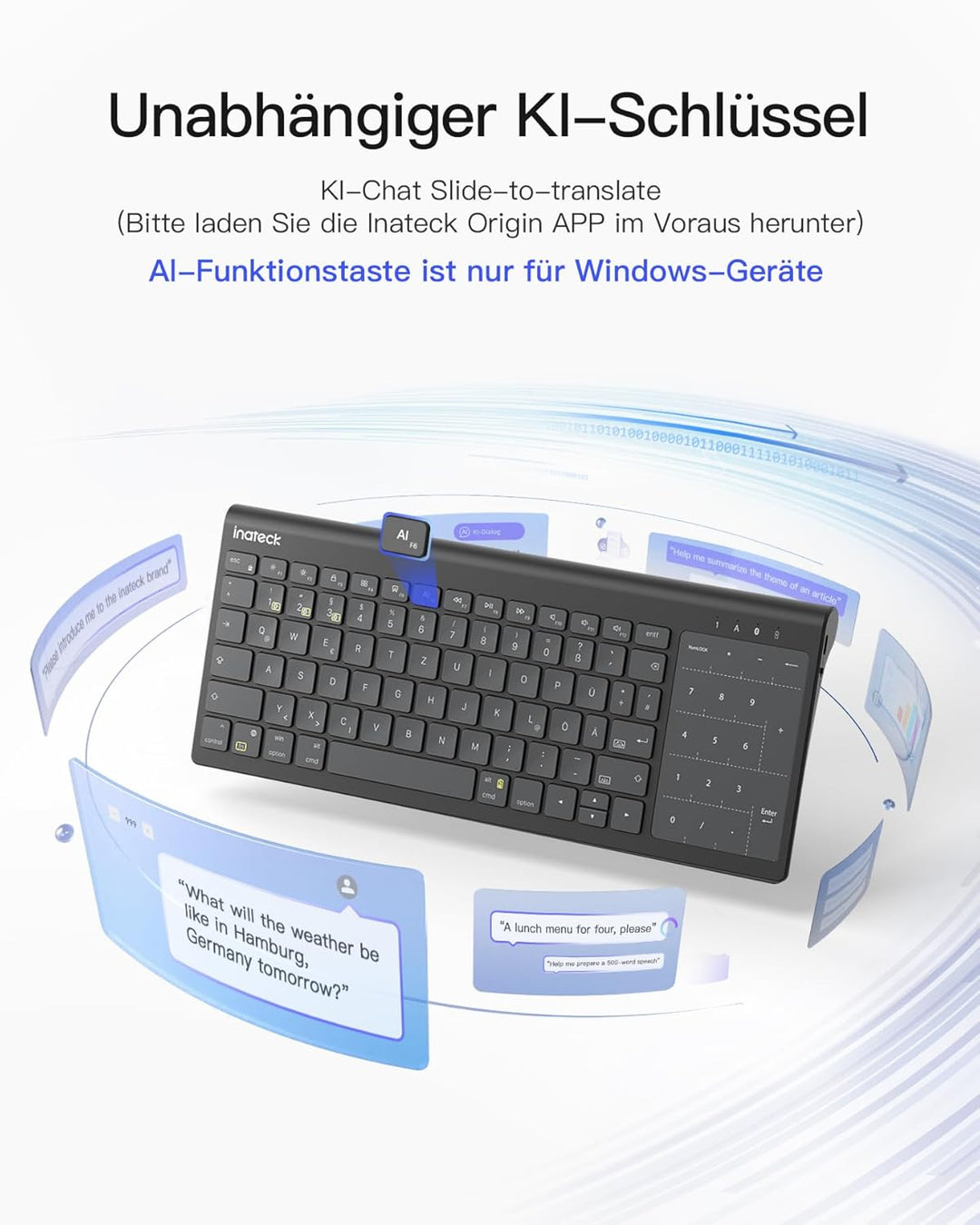 Inateck Tablet Tastatur, 2-IN-1 Ziffernblock&TouchpadVersteckter Ständer, 3 BT-Kanäle, 7-Farben Hint