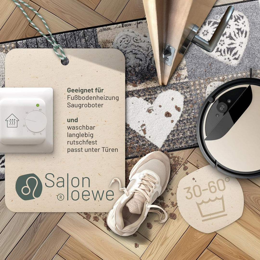 Salonloewe Fussmatte waschbar Alpenglück Herzen 60x180 cm Wohn-Teppich Flur-Läufer grau-beige Landha