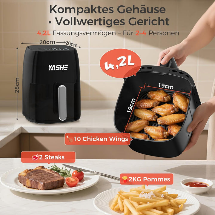YASHE 4,2L Heissluftfritteuse mit LED-Touchscreen, 1500W Airfryer mit 6 Programmen, Temperatur & Tim