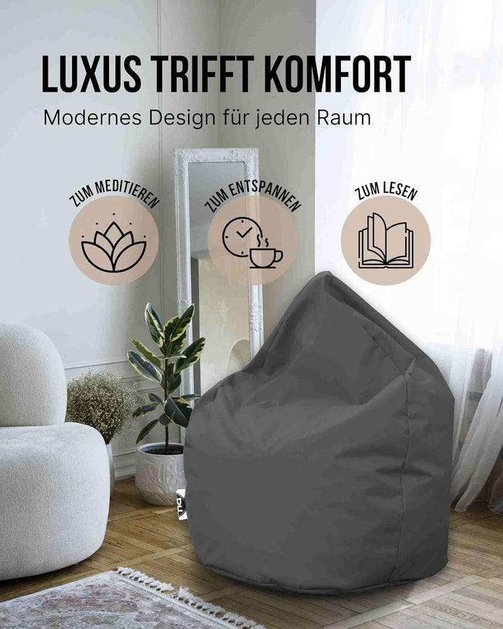 PATCH HOME Sitzsack Tropfenform - 3 Grössen - 25 Farben XL - Höhe 105cm, Durchmesser 65cm Anthrazit,