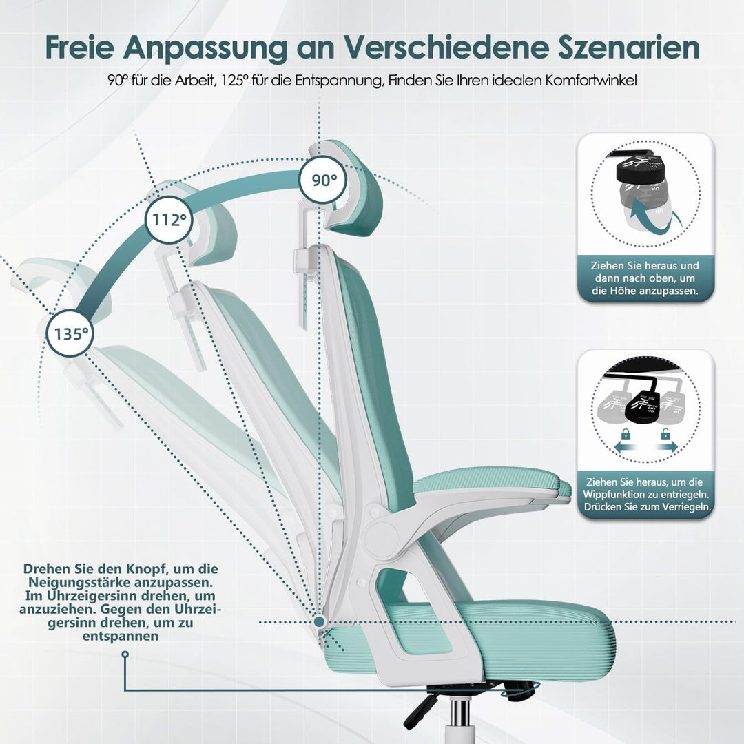 Bürostuhl ergonomisch, Schreibtischsessel mit verstellbare Kopfstütze und Armlehnen, gepolsterte Lor