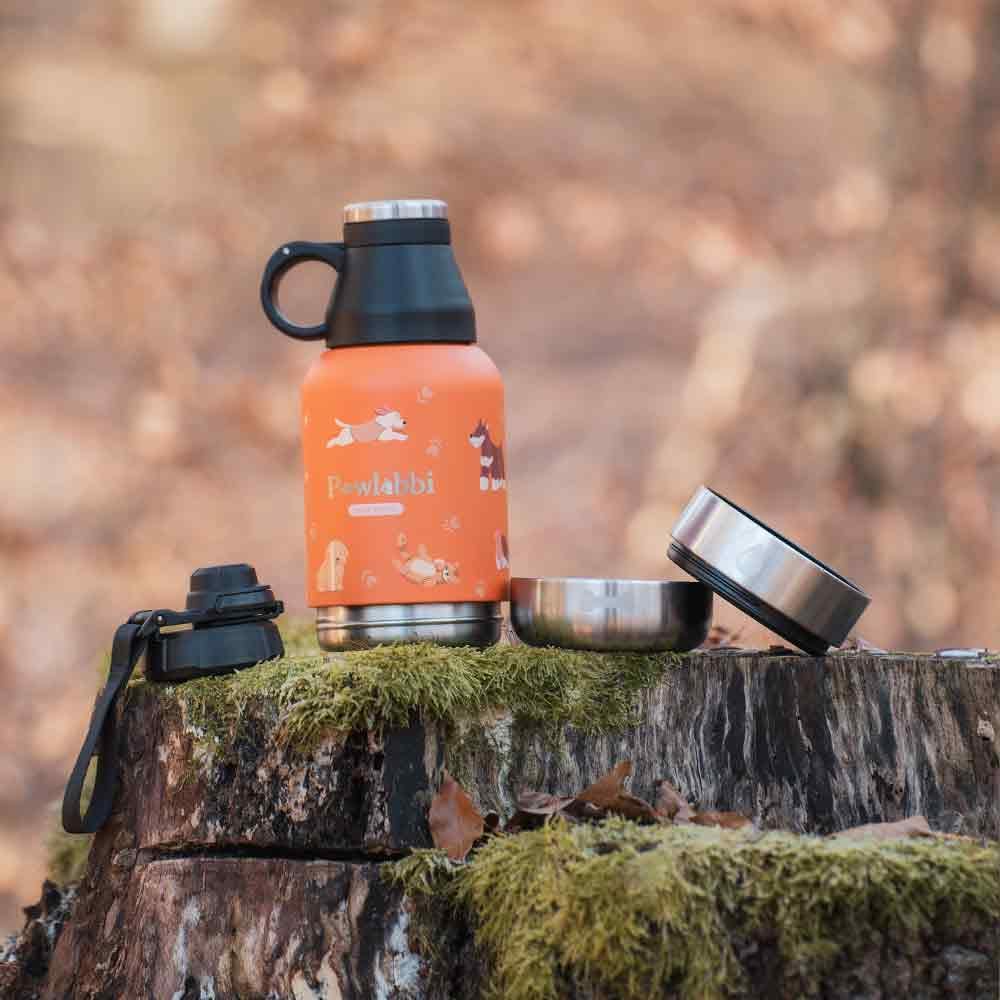 Pawbottle® Thermoflasche mit 2 Näpfen – Trinkflasche für Hunde &amp; Katzen (960 ml + 2×100 ml, Orange)