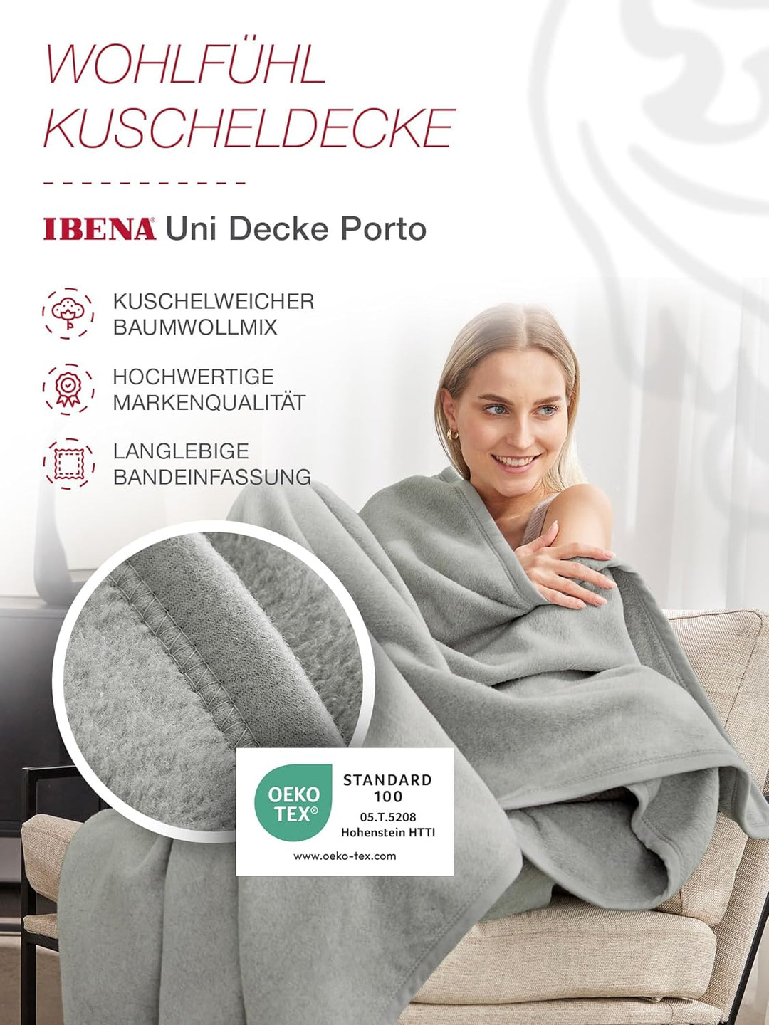 Ibena Porto XXL Decke 180x220 cm – Baumwollmischung weich, warm & waschbar, Tagesdecke hellgrau einf