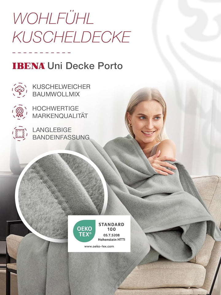 Ibena Porto XXL Decke 180x220 cm – Baumwollmischung weich, warm & waschbar, Tagesdecke hellgrau einf