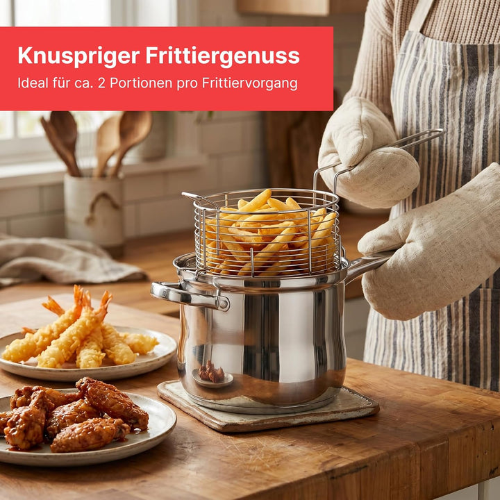 Frittiertopf 3,5 L Edelstahl Fritteuse mit Frittierkorb und Glasdeckel Pommestopf für alle Herdarten