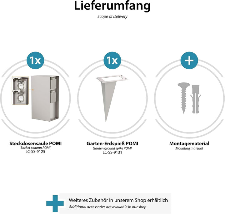 ledscom.de Garten-Steckdosen-Säule POMI mit Erdspiess für aussen, IP44, 4-Fach, Edelstahl, eckig, 23
