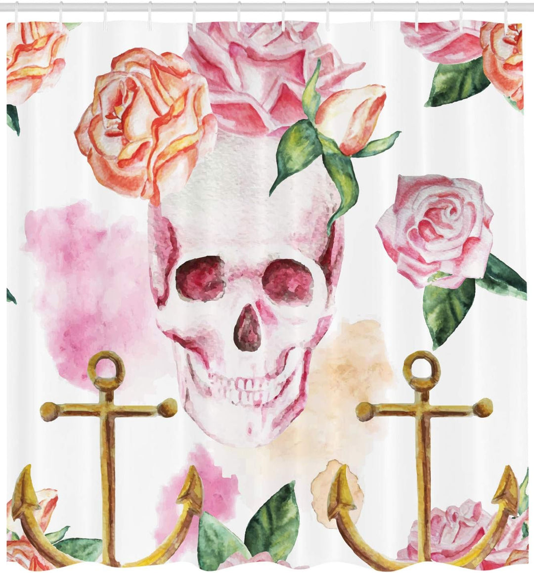 ABAKUHAUS Schädel Duschvorhang, Anchor Rosen Pfingstrose Kunst, Stoffliches Gewebe Badezimmerdekorat