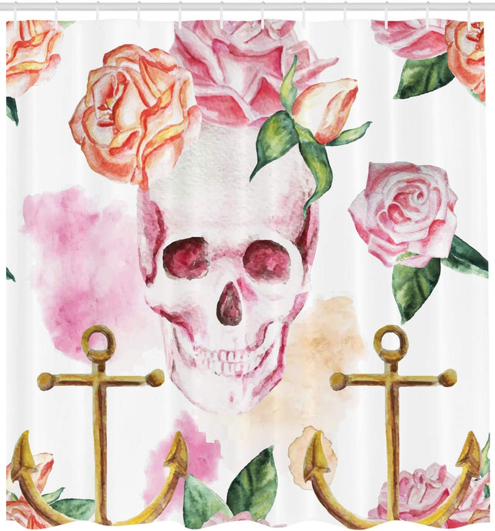 ABAKUHAUS Schädel Duschvorhang, Anchor Rosen Pfingstrose Kunst, Stoffliches Gewebe Badezimmerdekorat