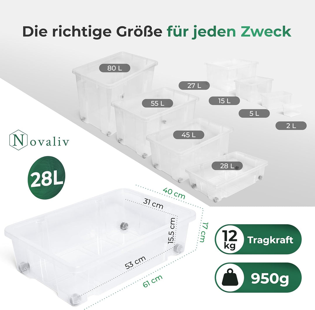 Novaliv 2x Unterbettkommode ohne Deckel 28L Aufbewahrungsbox transparente Nestbar stapelbare Rollkis