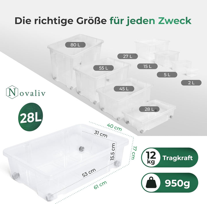 Novaliv 2x Unterbettkommode ohne Deckel 28L Aufbewahrungsbox transparente Nestbar stapelbare Rollkis