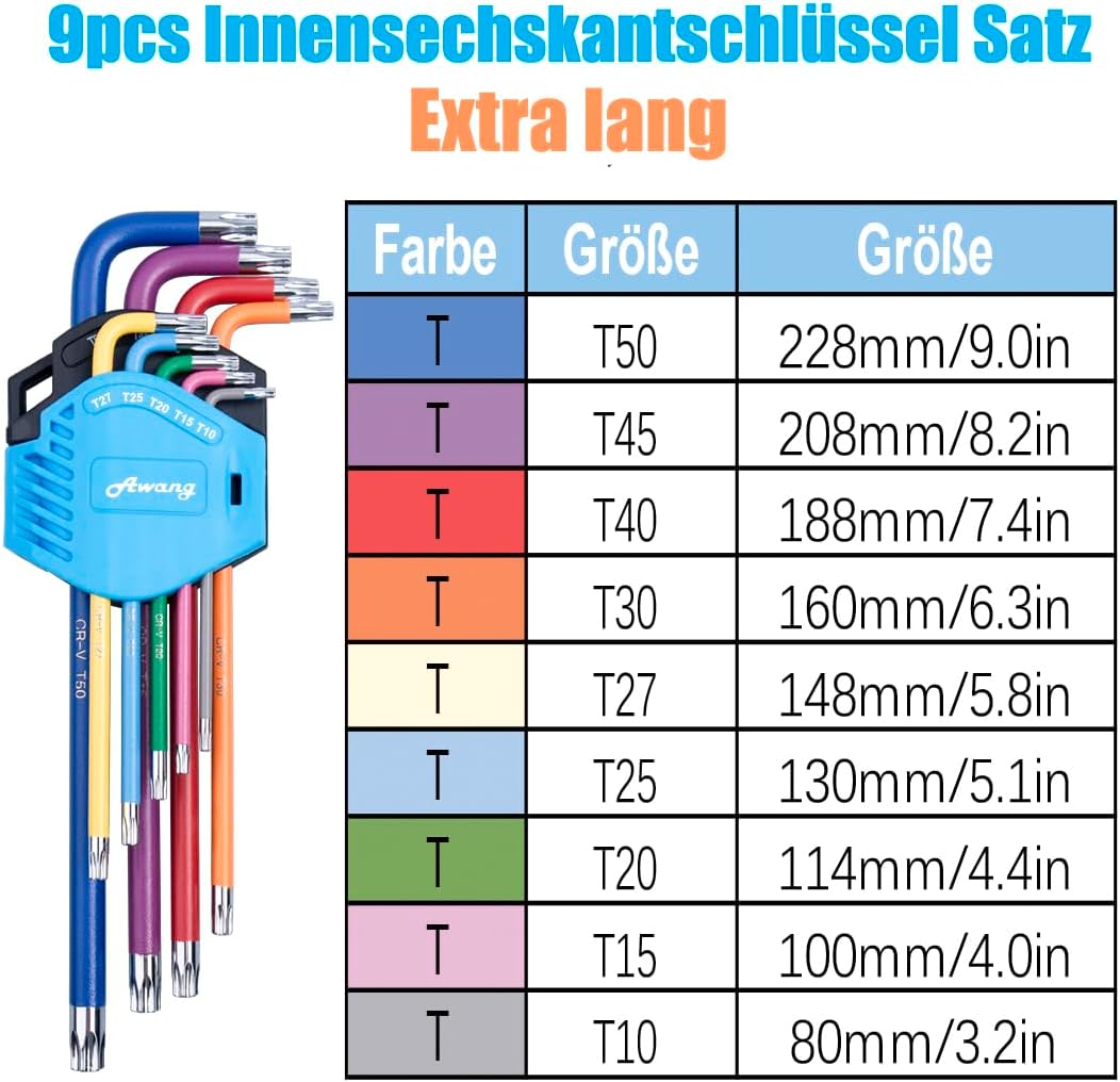 Awang Torx Innensechskant 9tlg Winkelschlüsselsatz mit Griff Innensechskantschlüssel TX Winkelschlüs