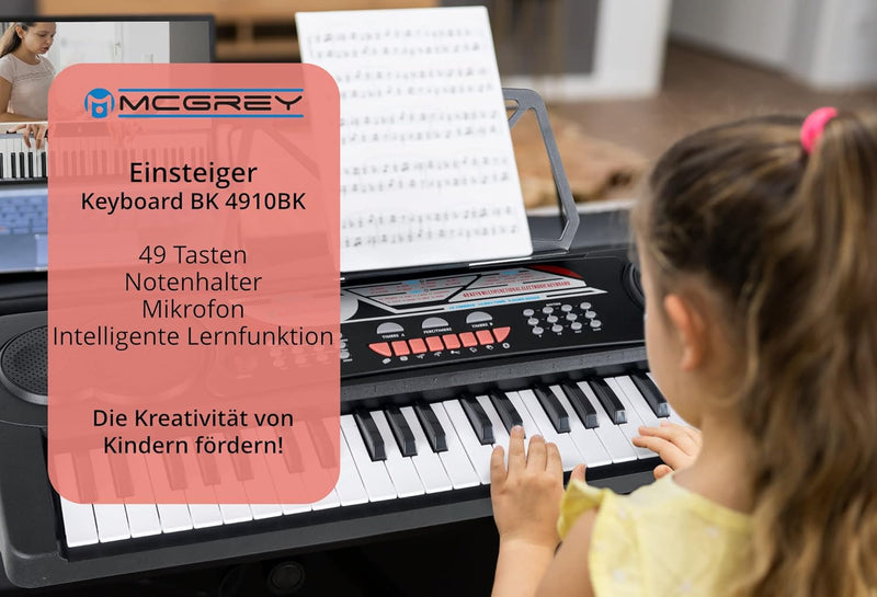 McGrey BK-4910BK Keyboard - Kinder Keyboard mit 49 Tasten - Einsteigerkeyboard mit 16 Sounds und 10