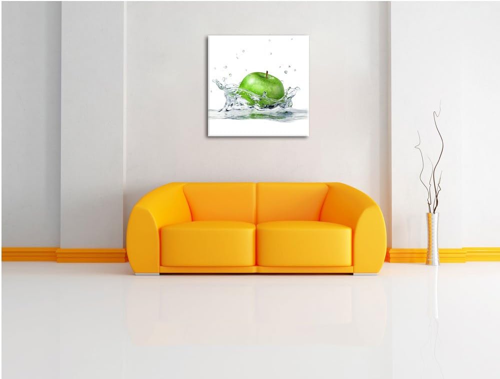 Pixxprint Grüner Apfel fällt in Wasser, Format: 70x70 auf Leinwand, 70x70