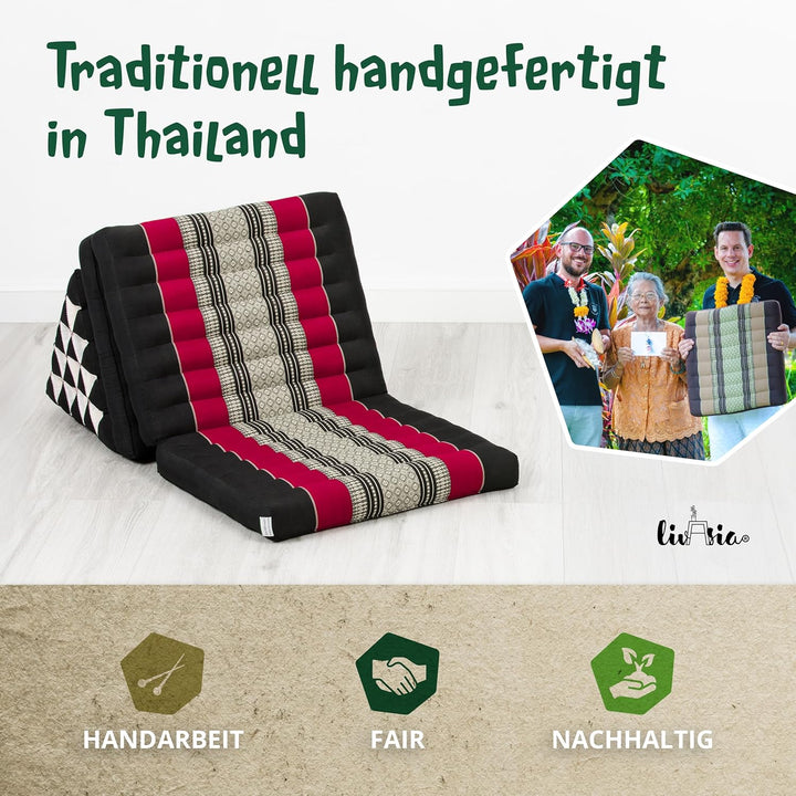 livasia Thaikissen 3 Auflagen extrahoch - 185x55x8cm - Dreieckskissen mit Klappmatratze, Kapok, Jumb