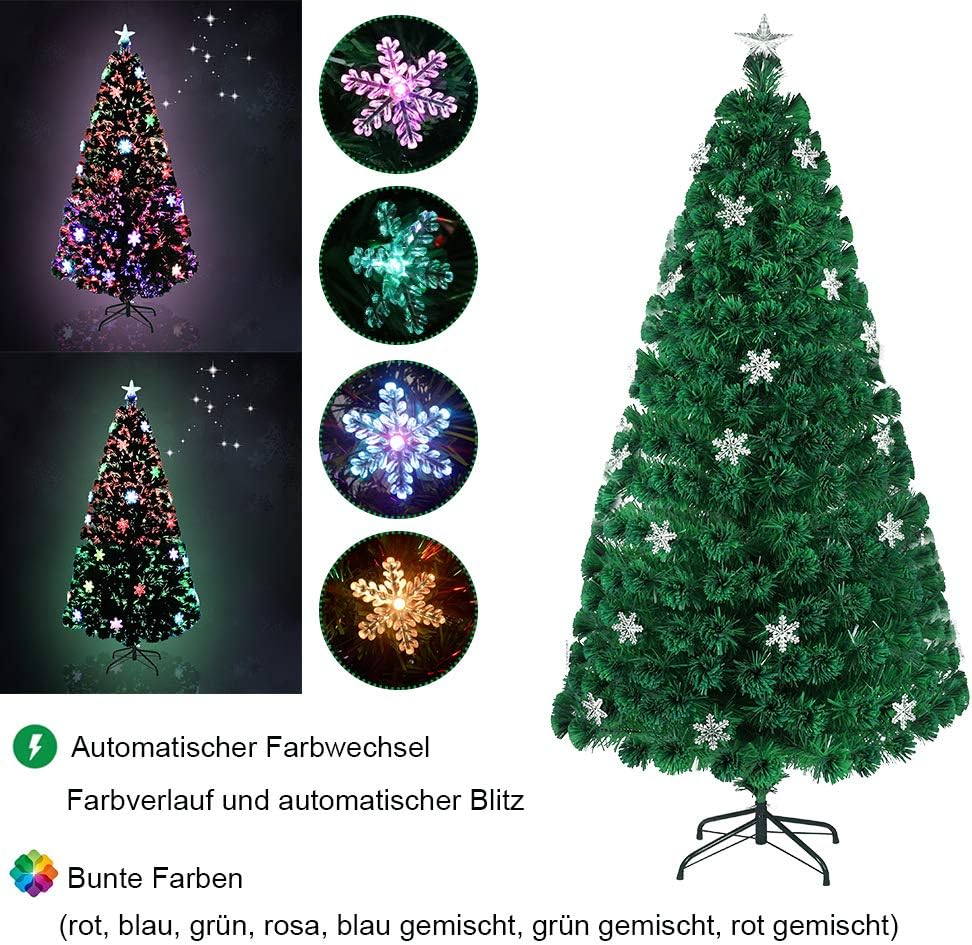 Aufun Weihnachtsbaum Künstlicher 120 cm mit LED Glasfaser und Schneeflocken Weihnachtsdeko Christbau
