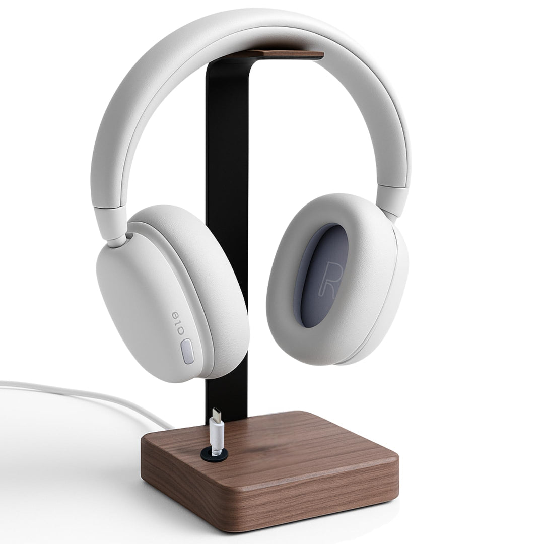 Headset Halterung aus Nussbaumholz – Kopfhörer Halterung mit schwerem Stahlblech & Lederauflage – Ko