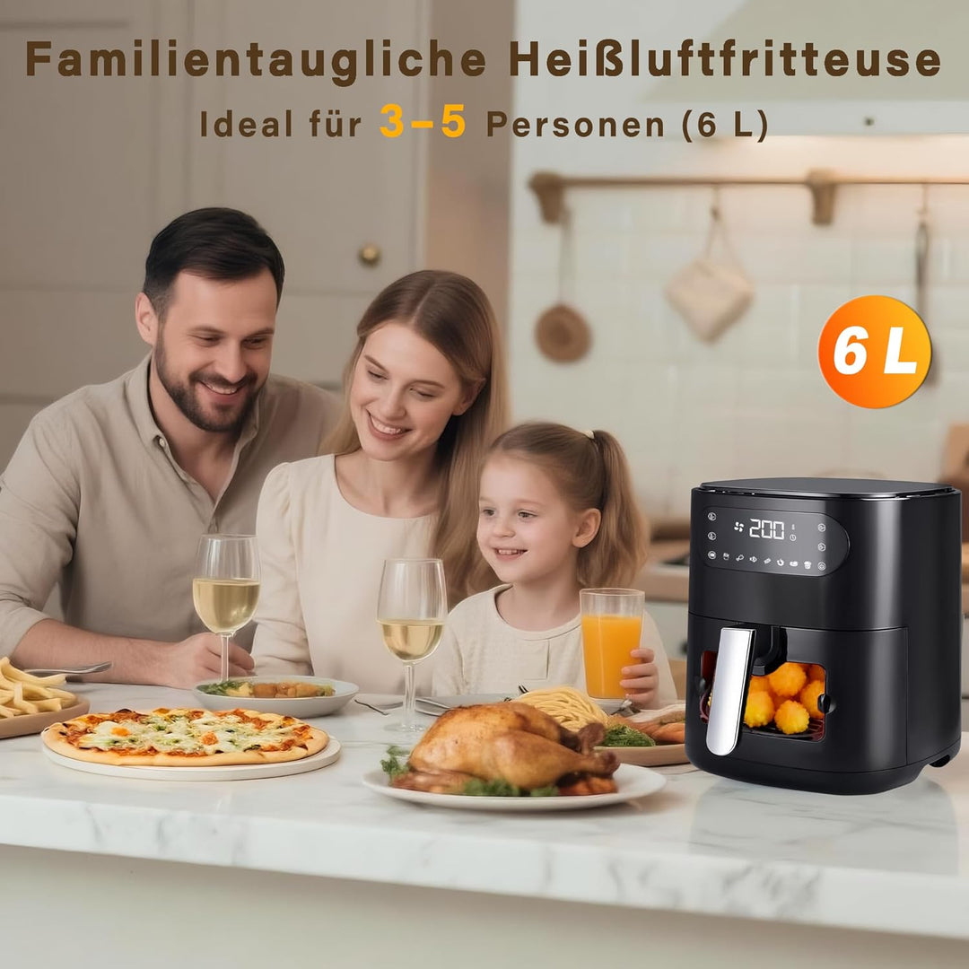 Citybee 6L Heissluftfritteuse mit beleuchtetem Sichtfenster - Extra Leiser Airfryer, 7 Programme & T