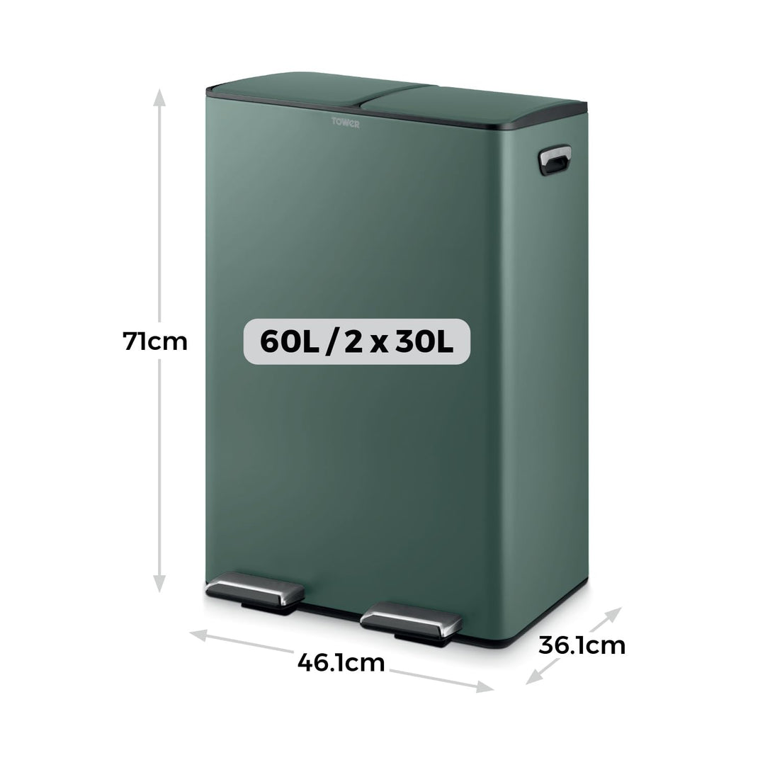 Tower T838023FOR Recycling-Treteimer mit zwei 30-Liter-Fächern, zwei Inneneimern, Körper aus Karbons