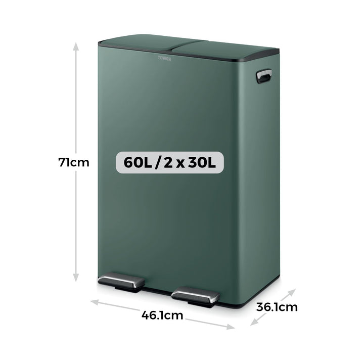 Tower T838023FOR Recycling-Treteimer mit zwei 30-Liter-Fächern, zwei Inneneimern, Körper aus Karbons
