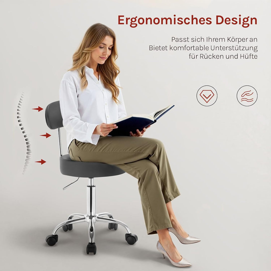 WOLTU Rollhocker, Hocker mit Rollen und Lehne, Kunstleder, Grau, Grau