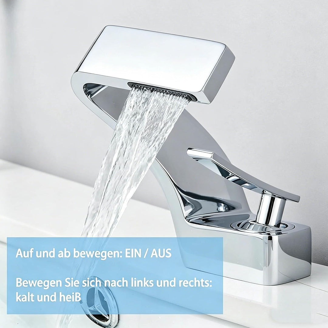 Waschtischarmatur, Wasserfallarmatur, Einhebelmischer Silber Messing, 360° schwenkbar – Armatur Bade