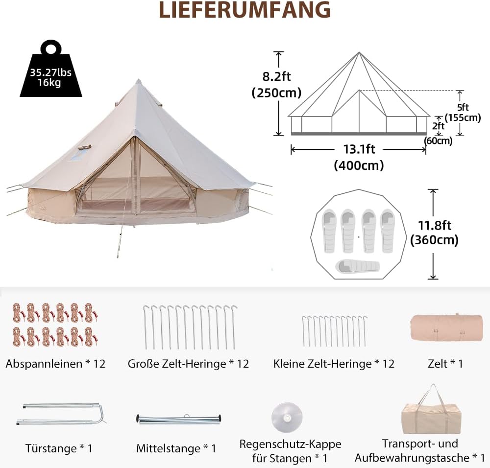 Oxford Bellzelt für Familien-Camping – Geräumige 4m Jurte mit Ofenanschluss, 4-Jahreszeiten Outdoor