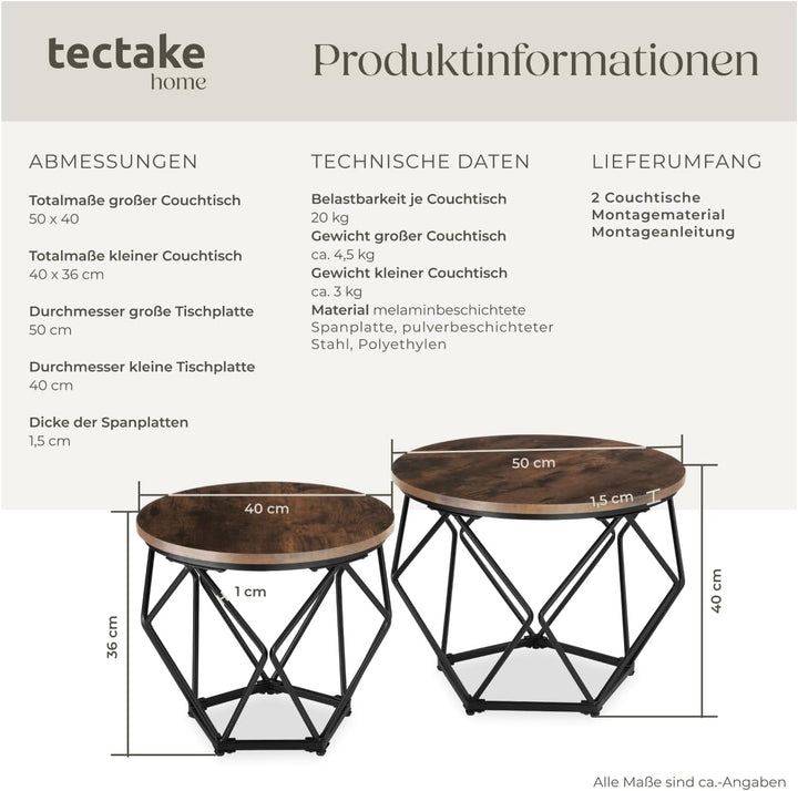 tectake Couchtisch 2er Set, Beistelltisch in Diamantform, Industrie-Design, für Wohnzimmer Schlafzim