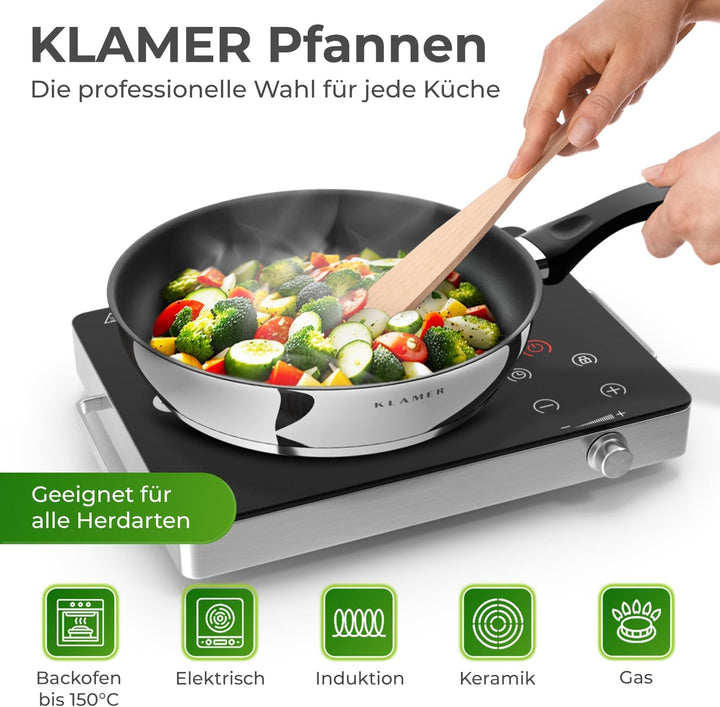 KLAMER Pfanne 24 cm, Profi Edelstahl-Bratpfanne, Induktionspfanne mit Premium Beschichtung, Pfanne 2