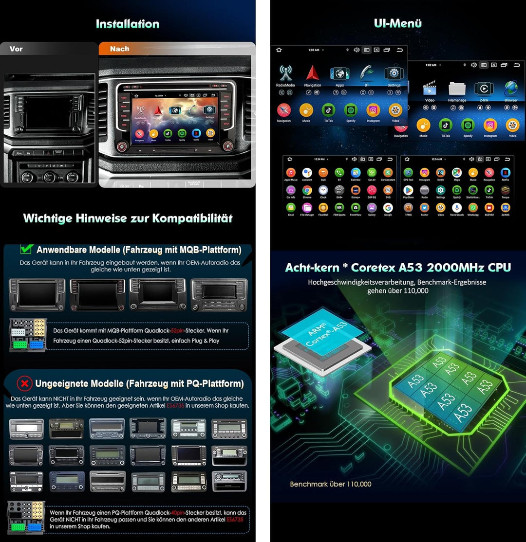Erisin 8 Kern 4GB+64GB Android 14 Autoradio mit Bluetooth 5.0 Für VW Caddy Amarok Polo Crafter T6 Sk
