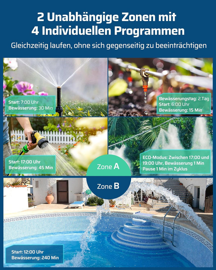 DEWENWILS Bewässerungscomputer 2 Ausgänge, 4 Bewässerungsprogramme für Jede Zone, Garten Bewässerung