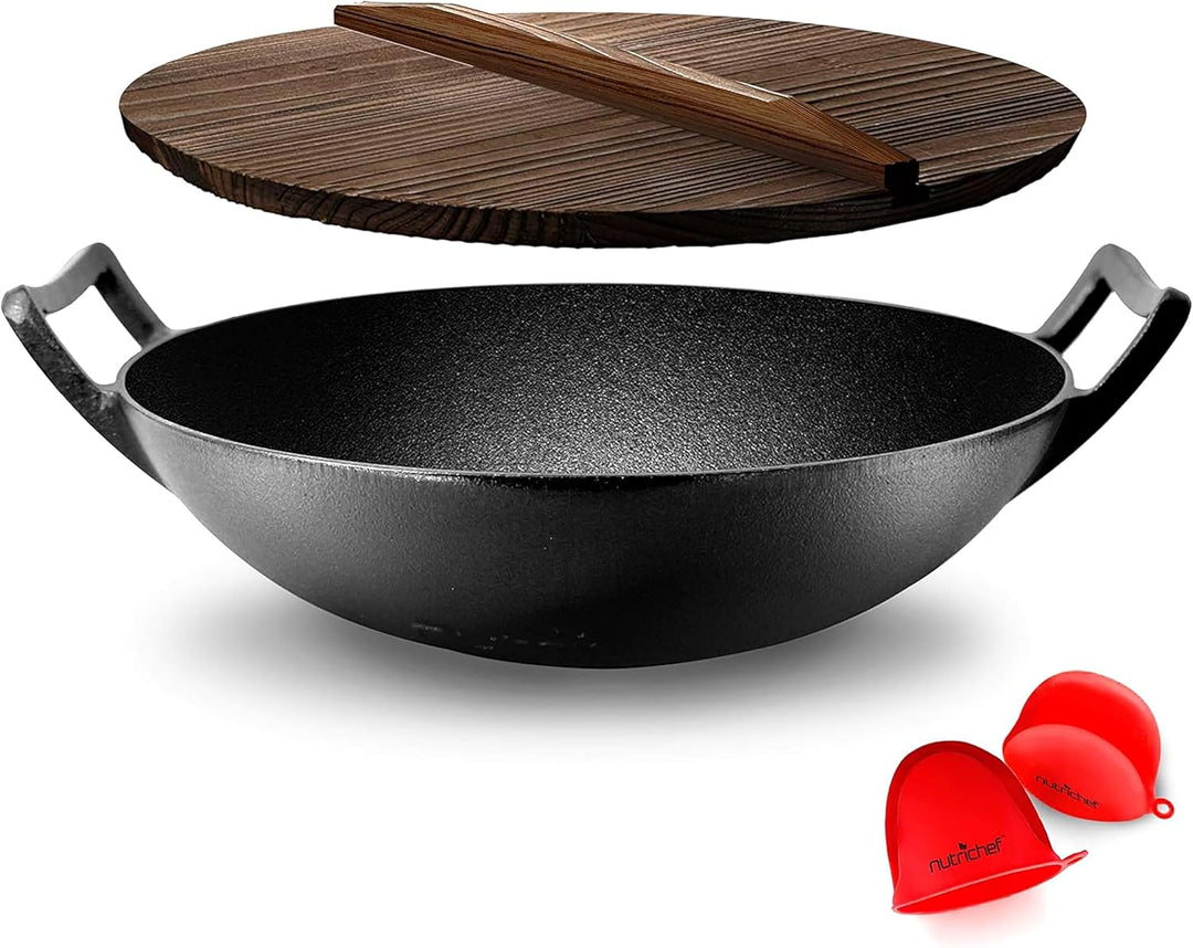 NutriChef Vorbehandelte Gusspfanne, 5,8 QT, strapazierfähig, antihaftbeschichtet, chinesischer Wok o