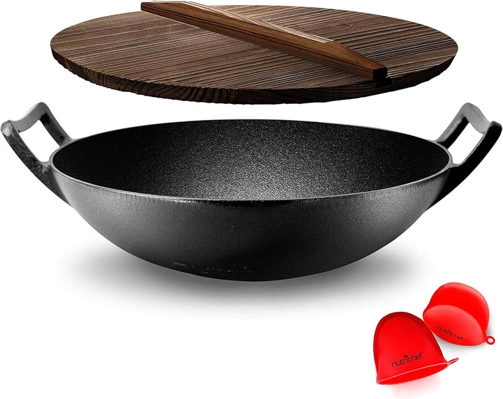 NutriChef Vorbehandelte Gusspfanne, 5,8 QT, strapazierfähig, antihaftbeschichtet, chinesischer Wok o