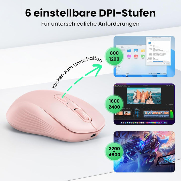 TECKNET Bluetooth Maus, PC Maus Kabellos, Wiederaufladbar Computer Maus 4800 DPI, (BT 5.0/3.0+2.4 GH
