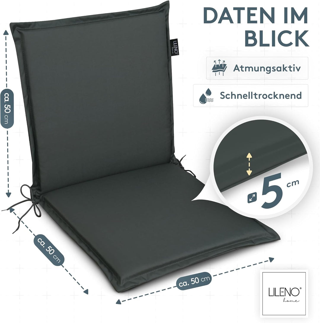 LILENO HOME Gartenstuhl Auflagen [2er Set - Niedriglehner] in Anthrazit - Bequeme Liegen als Sitzauf