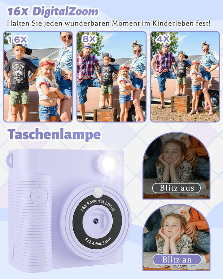CKATE Kinder Fotokamera Sofortdruck, Kinder Kamera mit 2 Shutters, 1080P HD Sofortbildkamera 32G SD