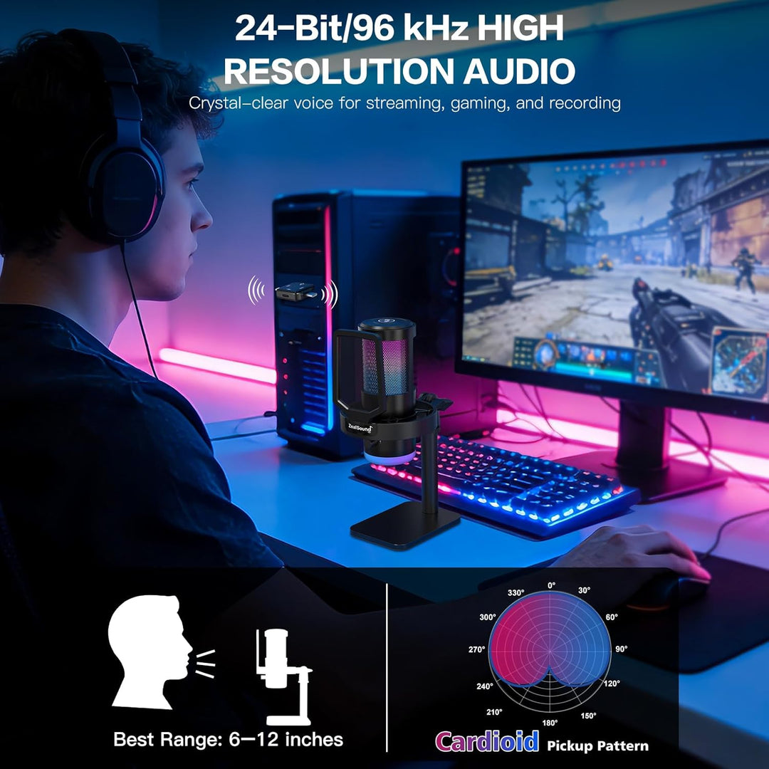 zealsound Kabellos USB Kondensator Mikrofon für PC Laptop & Handy, RGB Desktop Gaming Mikrofon, 24Bi