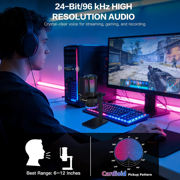 zealsound Kabellos USB Kondensator Mikrofon für PC Laptop & Handy, RGB Desktop Gaming Mikrofon, 24Bi