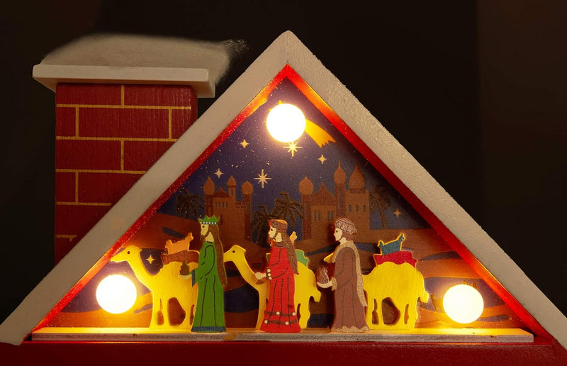 BRUBAKER Adventskalender aus Holz zum Befüllen - Rotes Weihnachtshaus mit Krippenspiel und LED-Beleu