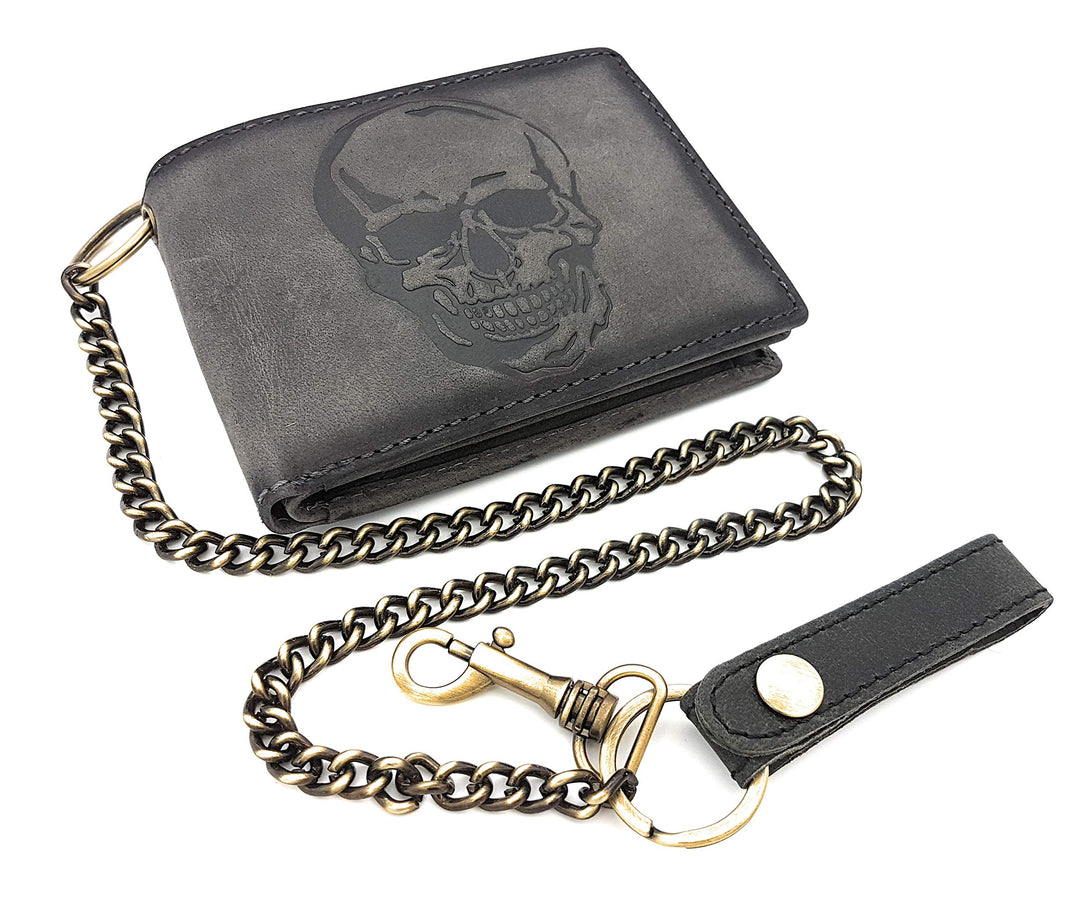 echt Leder Biker Geldbörse quer Hunterleder Portemonnaie Totenkopf Schädel Skull mit 50cm Kette & RF
