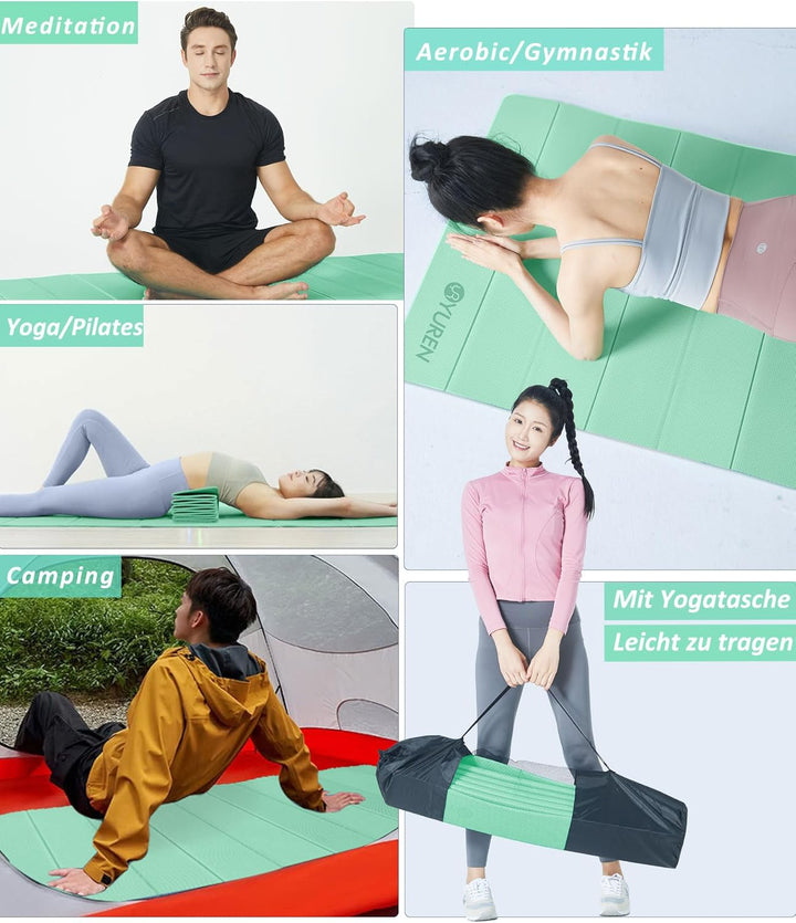 Faltbar Yogamatte 195×90cm TPE Fitnessmatte Rutschfest Tragbar Gymnastikmatte 10mm Dicke Trainingsma