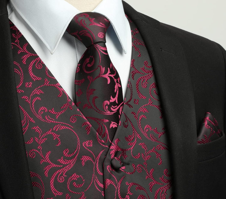 HISDERN Herren FLoral Hochzeit Weste Krawatte Einstecktuch Taschentuch Jacquard Weste Anzug Set M Sc