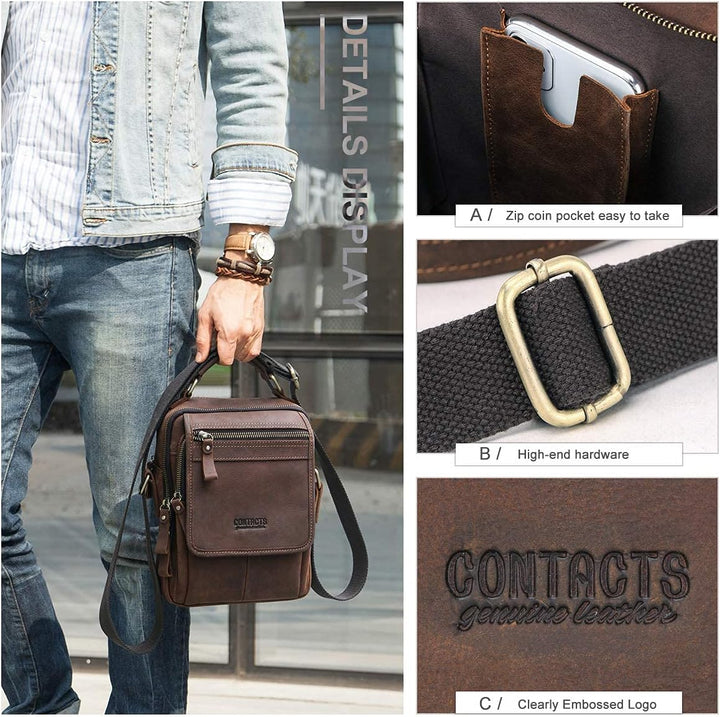 Contacts Echtes Leder Herren Laptop Mini Tab Messenger Crossbody Tasche Handtasche Kaffee