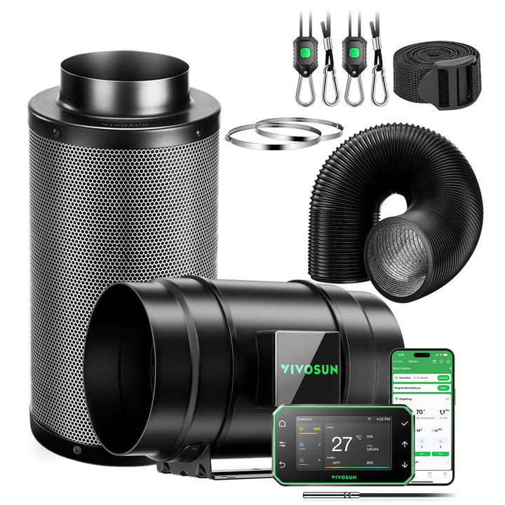 VIVOSUN Abluftset PRO G8 Kit 200mm, AeroZesh G8 Inline-Rohrventilator mit GrowHub E42A+ Temp- und Fe