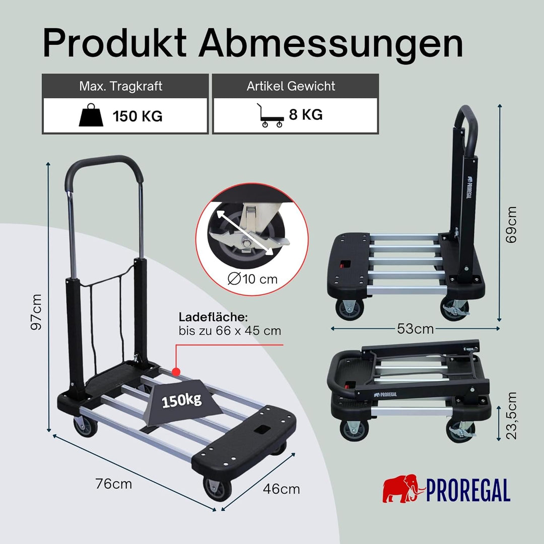 PROREGAL Klappbarer Profi-Transportwagen Taurus 150 | HxBxT 97x46x76cm | Traglast 150kg | Höhenverst