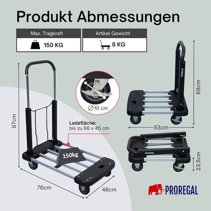 PROREGAL Klappbarer Profi-Transportwagen Taurus 150 | HxBxT 97x46x76cm | Traglast 150kg | Höhenverst