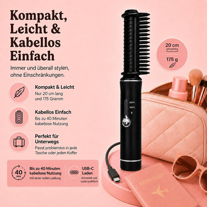 Mini Haarglätter Kabellos | Reiseglätteisen | Stylingbürste mit Keramikbeschichtung | 2 Wärmestufen