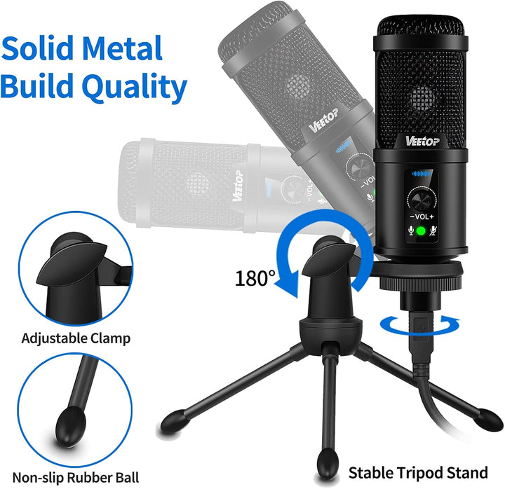 Veetop USB Mikrofon PC Microphone mit hochqualitativer 192 kHz 24 Bit Abtastrate Standmikrofon Konde