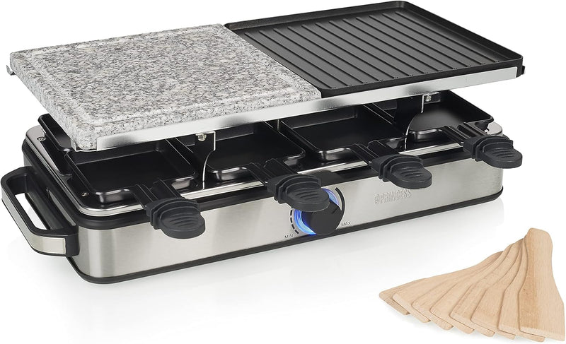 Princess Raclette-Grill Deluxe – mit Stein- & Aluminiumplatte, doppelseitig, 8 Personen, Raclette Pf