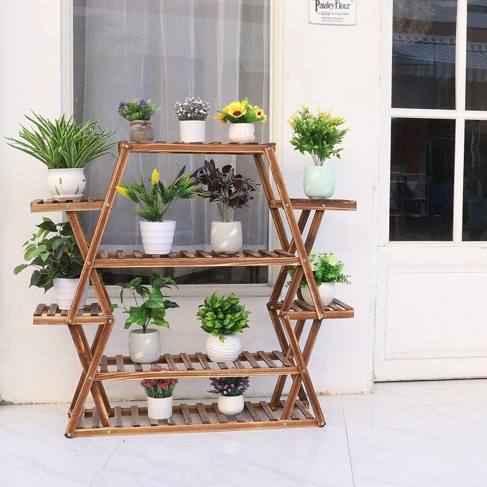 Blumenregal Balkon, Pflanzenregal aus Massivholz, 6 Ebenen Blumentrepp –