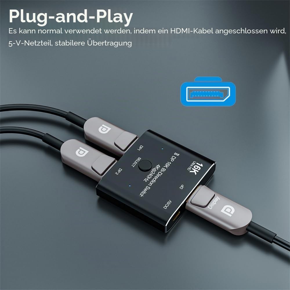 NFHK DP DisplayPort 2.0 Bi-Direction 2x1 Switch Splitter Selector Hub Support HDCP SST Extended 16K